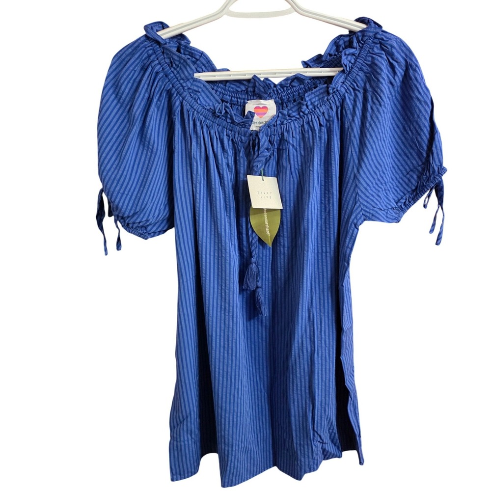 Hester & Orchard Cobalt Blue Striped Ruffle Neck Tie Sleeve Blouse Small